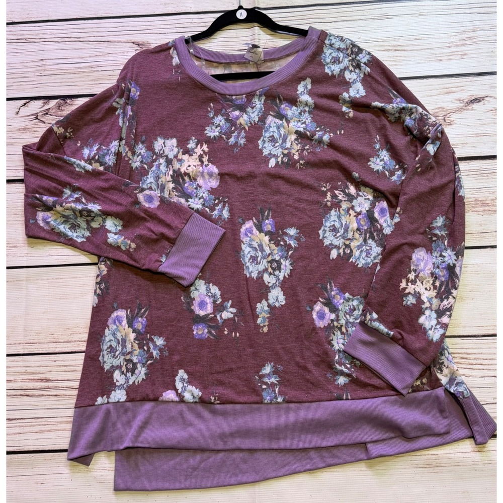 Honeyme Curvy Burgundy Floral Long Sleeve High Low Top XXXL